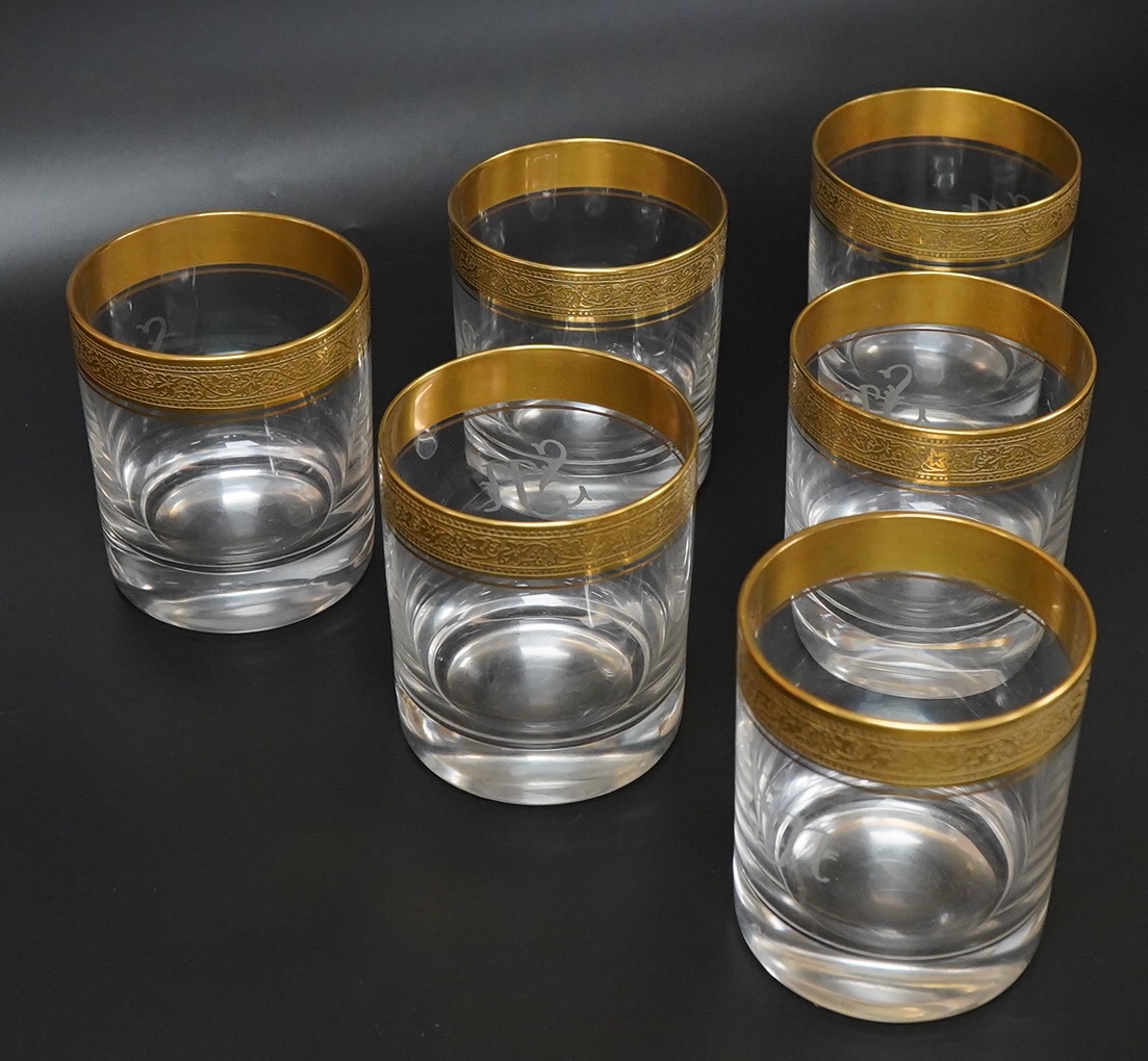 Six Theresienthal, West German gilded glass tumblers, 8.5cm high